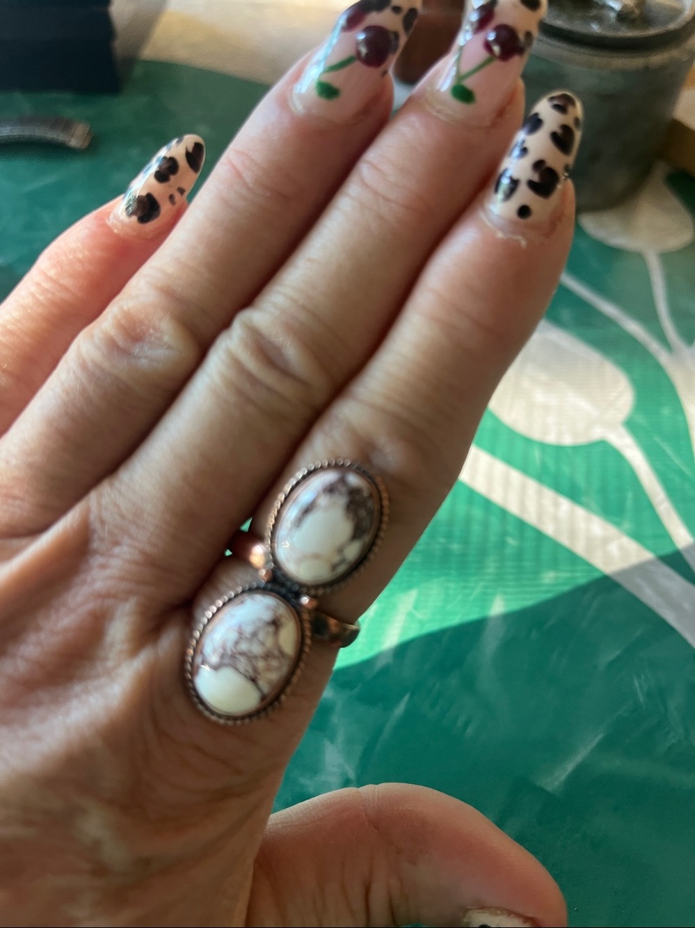 Handcrafted White Howlite Double Stone Ring. Copper Band